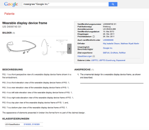 Screenshot des Google Glasses Rahmen Patent Eintrags